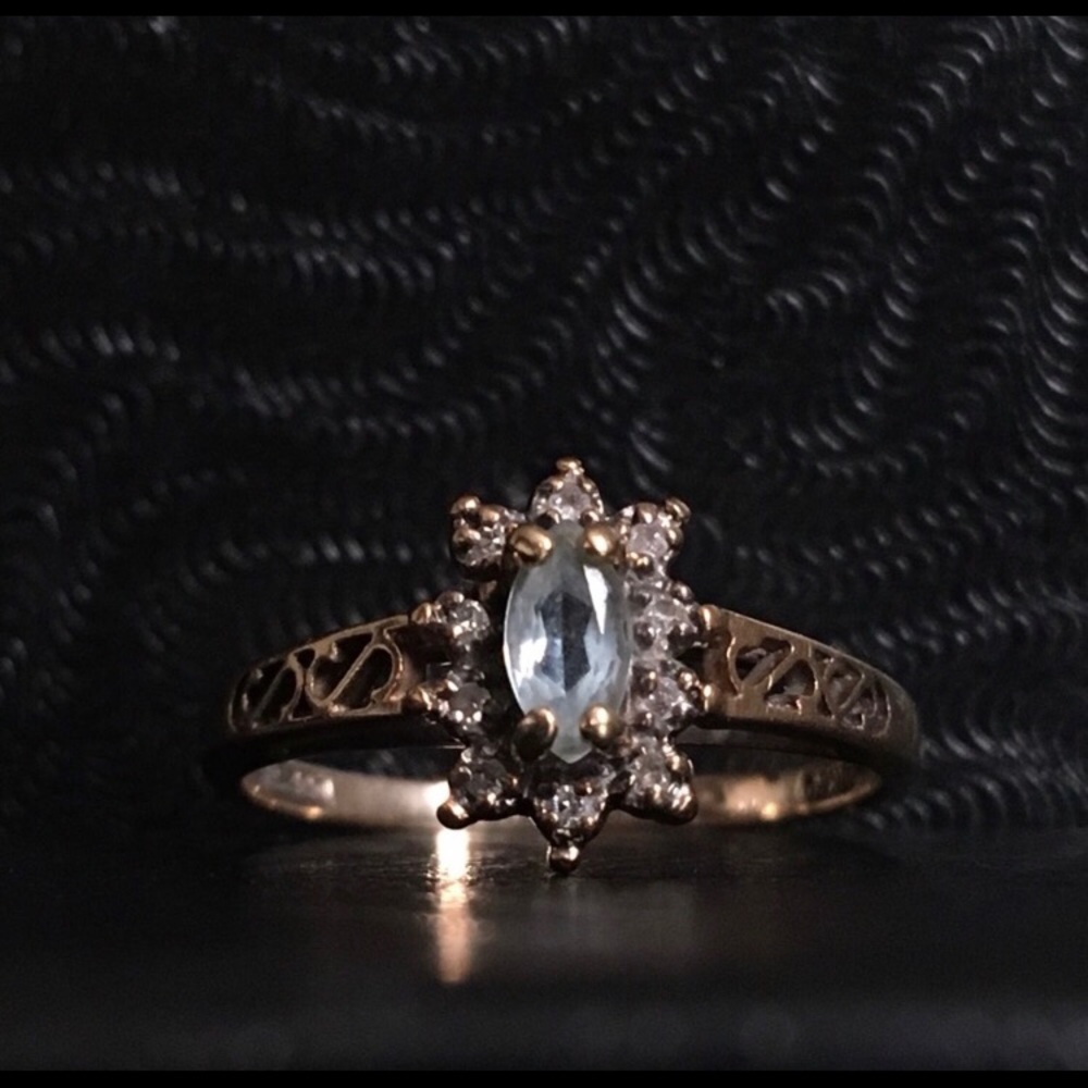 10K Solid Gold Aquamarine and Diamond Halo Ring